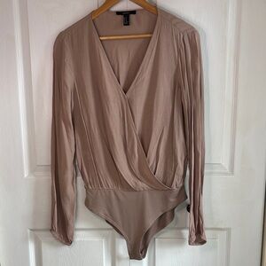 Forever 21 Taupe Wrap-Front Long Sleeve Bodysuit